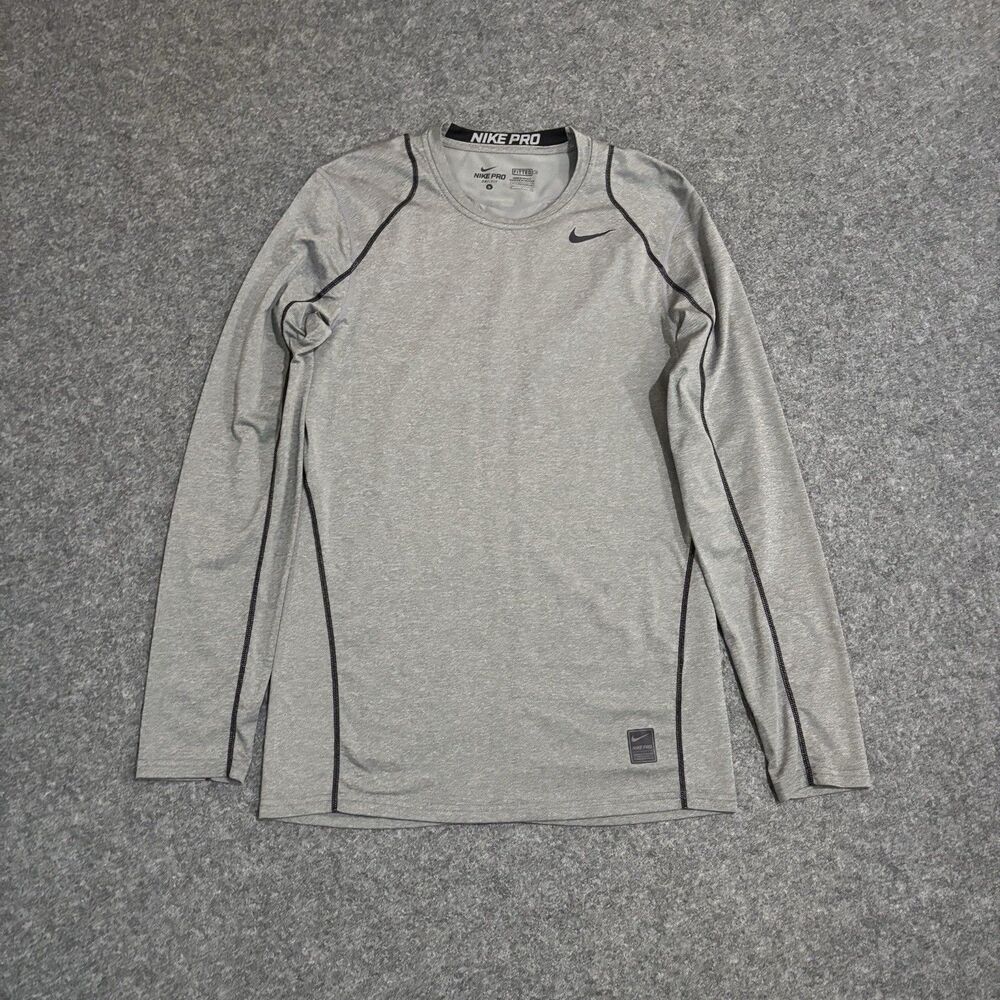 Nike Pro Shirt Mens Small Gray Dri-Fit Fitted Stretch Workout LS